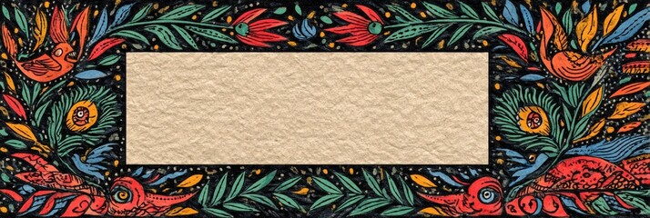 handmade folk art postcard, madhubani folk art postcard template featuring intricate black line patterns and vibrant natural dyes, with a blank central area on textured paper