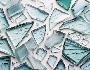 glass shards scattered on a white background creating an artistic abstract pattern and texture impact concept