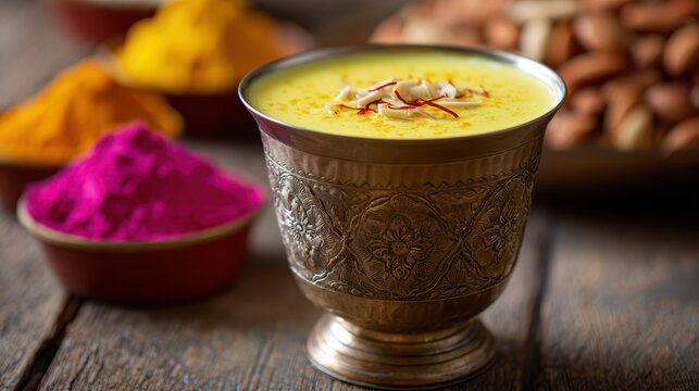 indian festive drink, masala tea on ornate brass tumbler with warm kesar doodh saffron milk, saffron threads, cardamom, nuts, with festive table in background