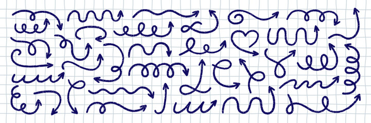 Crayon blue pen brush arrows doodle set. Chalk pencil swirls, squiggly direction pointers in sketch style, Grunge texture. Hand drawn vector illustration on white checkered notebook paper background