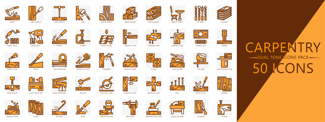 Carpentry dual tone icons pack. contain adze, awl, axe, wood, drill, dowel, chisel, jack plane, hammer, electric saw, nail and more. Vector for print, digital UI, UX kit, web and app development.