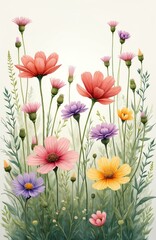 Watercolor painting presents a vibrant array of wildflowers. The artwork features blooming flowers in various colors. Green leaves and stems create a natural backdrop. It a botanical illustration.