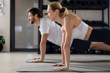 Fototapeta premium Two people having a workout in gym and standing in plank
