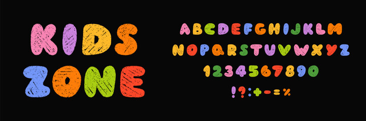 Chalk english alphabet doodle set. Crayon pencil font, school wax kid letters in sketch style. Hand drawn vector illustration isolated on black background.