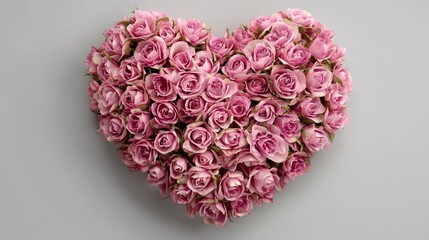 Obraz premium A heart-shaped arrangement of pink roses on a gray background, perfect for Valentine's Day or romantic gestures. Valentine day Special
