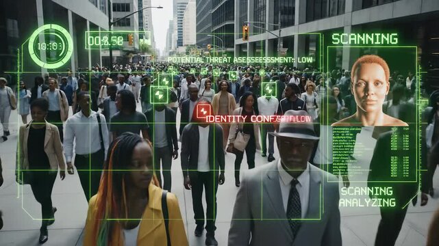In a lively urban setting, people walk through a busy street while advanced scanning technology analyzes their identities.