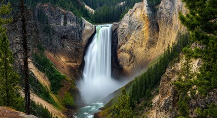 Waterfall in canyon cascading into misty river surrounded by dense pine forest