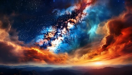 a vibrant cosmic scene displaying swirling clouds of gas and dust illuminated by fiery colors against a backdrop of twinkling stars