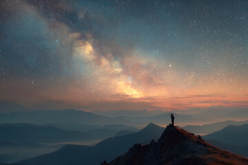 Milky Way. Night landscape with silhouettes of hugging and kissing man and woman on the mountain. Colorful sky with stars. Silhouette of lovers. Couple, relationship. Milky way with people. Universe