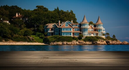 Seaside mansion on rocky shore overlooking calm bay with wooden deck foreground