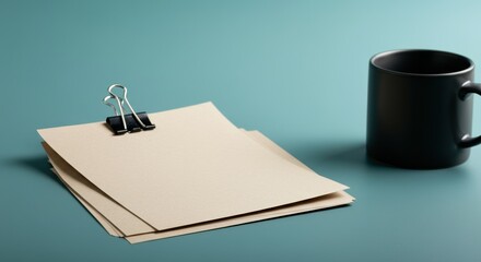Stack of beige documents with binder clip beside black coffee mug on a teal surface