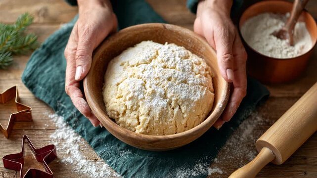 Preparing homemade holiday cookies with fresh dough and festive baking tools
