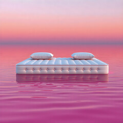 White mattress with pillows in pink water, mattress with pillows,3d products photography,3d vibrant pink water