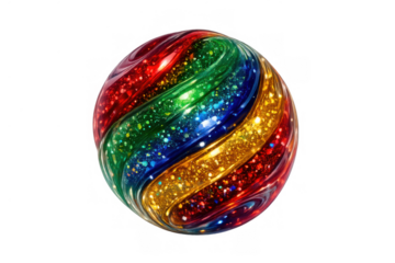 Glittering rainbow sphere with swirling colors and sparkling texture, isolated object on transparent background
