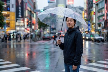 Rainy street scene with people and a person holding an umbrella in a busy urban area during the evening