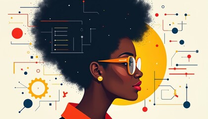 Illustration presents a Black woman wearing glasses looking towards the future. Tech lines, gear and sun design elements surround her. It represents innovation tech and business ideas.