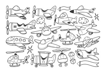 Doodle aircraft vehicles set including biplanes, jets and choppers in sketchy doodle style © wooster