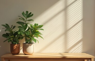 Two potted plants stand on wooden table. Sunlight falls through blinds on wall. Interior with houseplants in pots creates cozy atmosphere. Minimalist design with natural light enhances room. Indoor