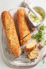 Aromatic and fresh garlic bread propared at home.