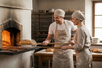 Bakers work together to remove freshly baked bread from the oven in a rustic bakery during daytime hours in an old-fashioned kitchen