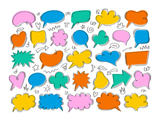 Colorful doodle speech bubbles of different shapes, forms and scribbles comic hand drawn style