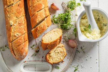 Delicious and hot garlic bread with salt and thyme.