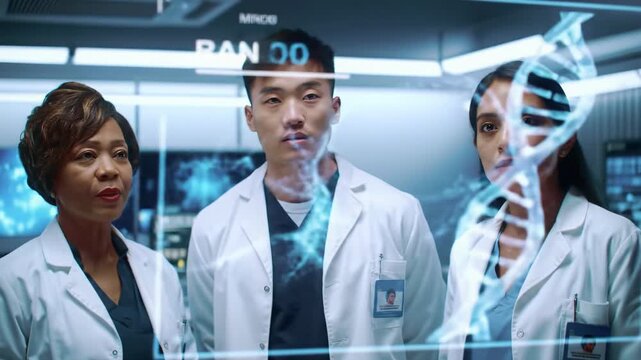Diverse scientists in immaculate lab coats in a sleek, high-tech lab with bright LED light interact with a dynamic hologram showing data transforming into a rotating DNA double helix, conveying