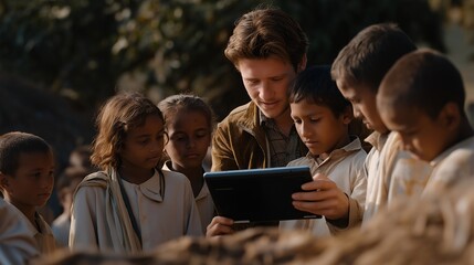 A humanitarian mission delivering educational tablets to a rural school, students gathering around their first digital tools as teachers receive training — digital literacy, equal access to