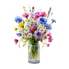 Obraz premium A charming watercolor illustration depicting a delightful pastel floral bouquet artfully arranged in a clear glass jar. Ideal for spring, summer, and home decor.