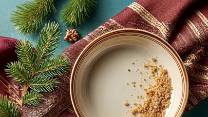 Culinary holiday magic with spices and pine decorations in festive dish setting