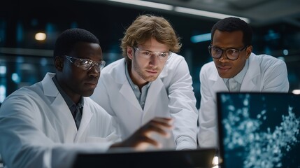 A team of scientists in a modern laboratory diligently examines molecular structures on computer screens, showcasing the intersection of technology and advanced engineering in research. cinematic