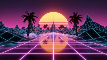 A vibrant retrofuturistic synthwave landscape with glowing neon grid lines stretching towards a colossal sunset or sunrise flanked by silhouetted palm trees and abstract digital mountains evoking a n. - Powered by Adobe