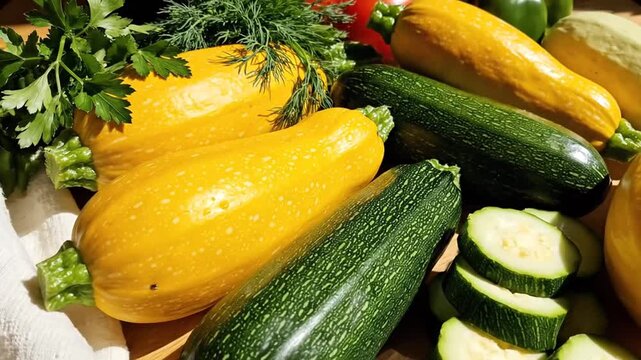 Freshly Harvested Zucchini And Yellow Squash Displayed On A Rustic Wooden Surface With Herbs