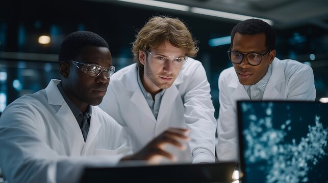 A team of scientists in a modern laboratory diligently examines molecular structures on computer screens, showcasing the intersection of technology and advanced engineering in research. cinematic - Powered by Adobe