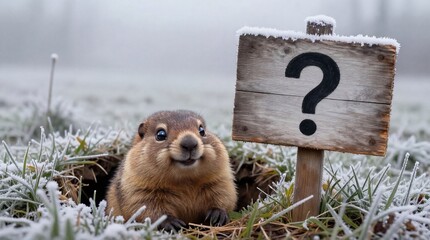 Groundhog emerging from its burrow, looking toward a wooden sign with a large question mark, surrounded by frosted grass on a cold, foggy winter day, symbolizing uncertainty about spring's arrival