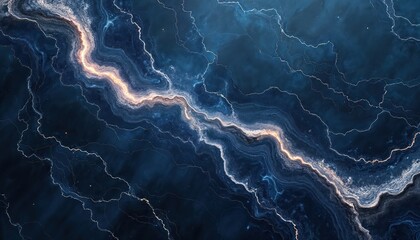 Abstract design background features navy blue marble texture. Swirling silver veins and luminous gold glow create an artistic look for projects. Aesthetic artwork suitable for digital art wallpaper.