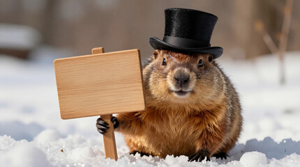 Fototapeta premium Groundhog wearing a black top hat standing in white snow holding a small blank wooden sign, looking forward with a smiling expression, representing winter prediction and tradition