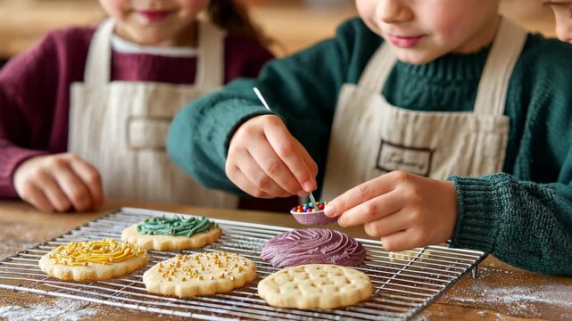 Children decorating cookies with colorful icing and sprinkles in a cozy kitchen setting