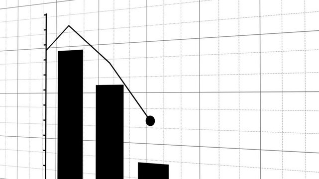 3D line graph crash animation with camera tracking and bar data progress falling down on white background with black grid. 4K animated chart for loss visualization, market down, and business failure.