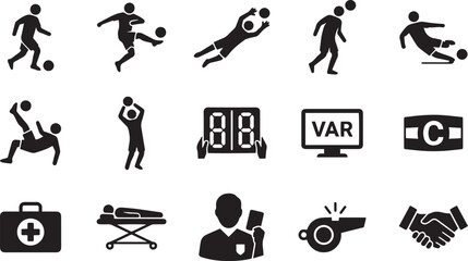 Football players referee and medical equipment icon set showing action throw in cards var and injury on pitch © Vect Art