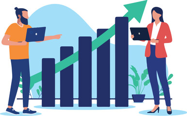 Fototapeta premium People with rising chart and graph - Two businesspeople standing with growth diagram and green rising arrow pointing up towards success. Flat design vector illustration with white background.