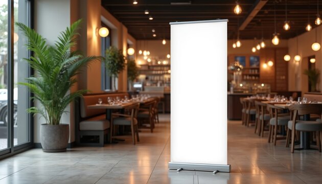 Empty roll up banner stand mockup in restaurant interior. Blank poster for advertising new menu, discounts special offers. Modern cafe with tables, chairs, decorative plants. Commercial promo