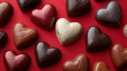 A collection of heart-shaped chocolates on a red background for Valentine's Day Valentine day Special
