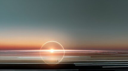 Digital horizon glowing with abstract data streams and a futuristic sun, representing connection, innovation, and global communication in a dynamic network landscape