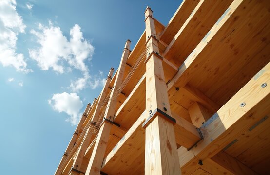 Mass timber construction detail of unfinished building. Sustainable architecture uses wood materials. Engineered wooden beams create structure against blue sky. Modern eco friendly design promotes