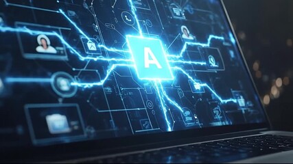 Digital network connections on laptop screen with user profiles and data flow - Powered by Adobe