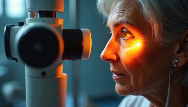 Senior woman on eye exam with slit lamp in clinic. Focused light shines during eyesight checkup. Vision analysis for glaucoma. Medical health care for macular degeneration in ophthalmology.