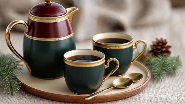 Elegant tea set with gold accents on wooden tray with holiday decorations