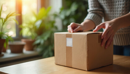 Person opening a cardboard box with a sticker on a wooden table. The room has green plants and window. Delivery concept order online package shipping.