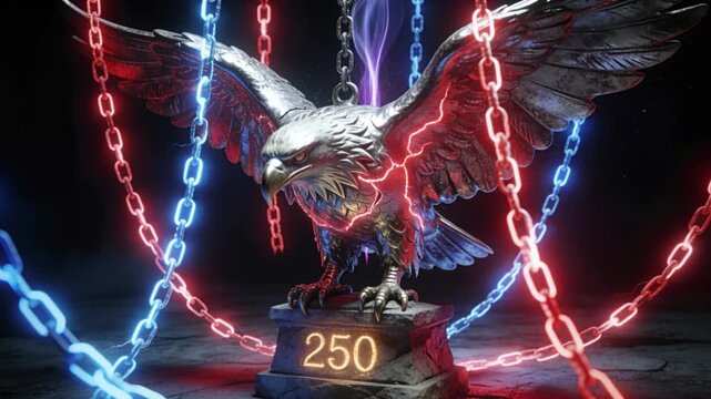 Giant metallic bald eagle sculpture suspended in a dark void by glowing red‑white‑blue energy chains.